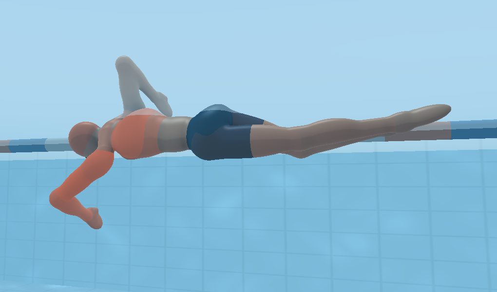 3D swimmer mid-pull with the working arm and back muscles highlighted