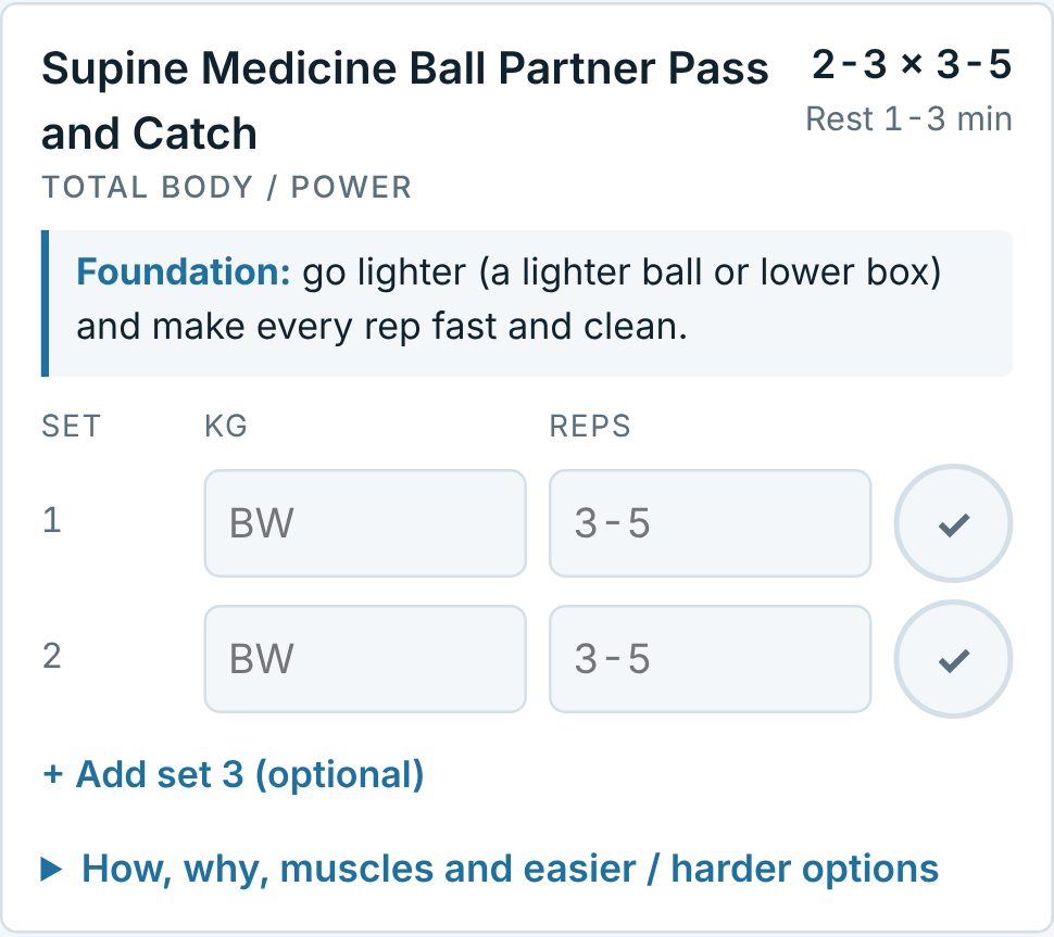 An exercise card in the phone tracker with sets, reps and a tick button